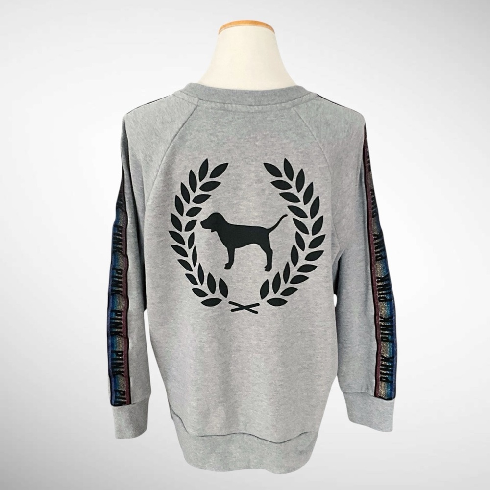 Victoria’s Secret PINK Gray Pullover Sweatshirt Rainbow Sleeves